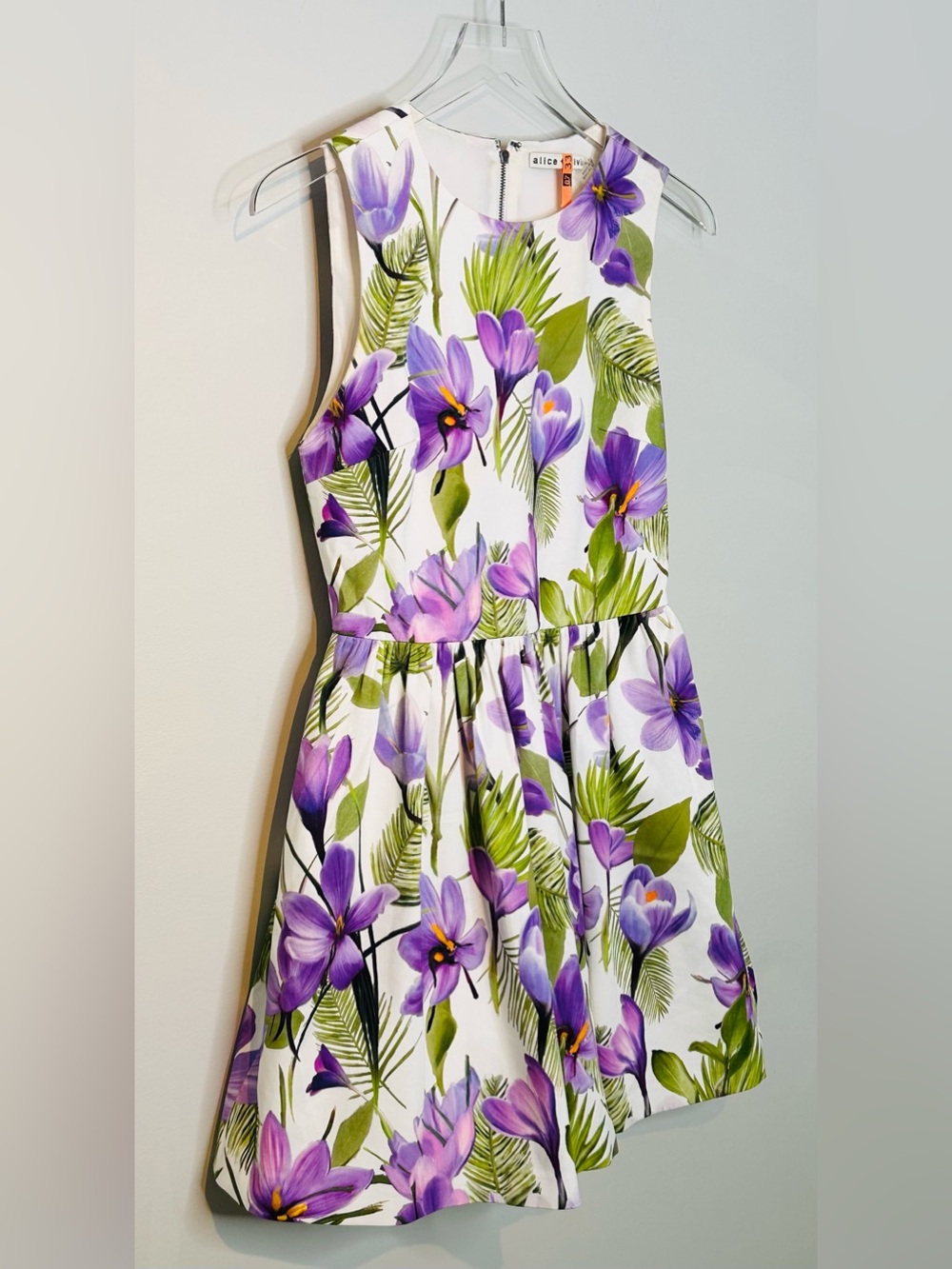 Alice + Olivia Joyce Floral White Purple Fit & Flare Sleeveless Dress - Picture 5 of 14